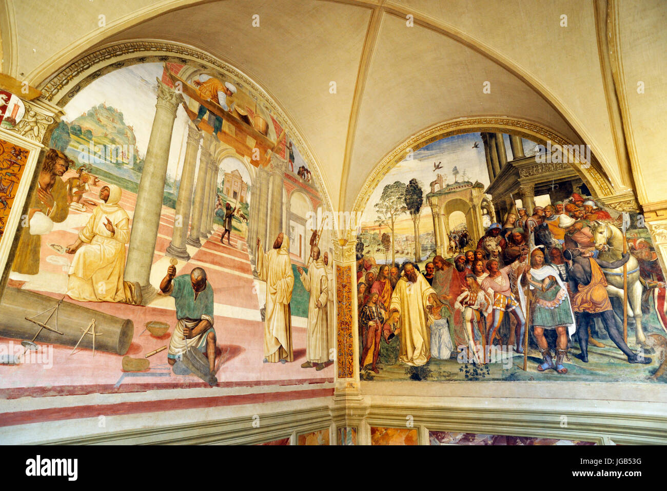 Fresques Renaissance, vie de St Benoît, peintures de il Sodoma, Chiostro Grande, Abbaye de Monte Oliveto Maggiore, Toscane, Italie Banque D'Images