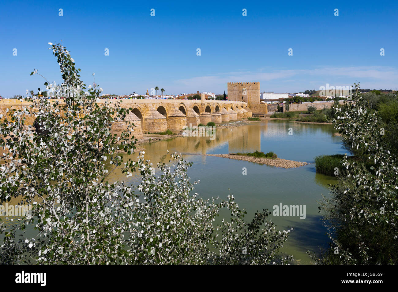 Cordoba, Cordoue, Andalousie, province du sud de l'Espagne. Le pont romain de traverser la rivière Guadalquivir et menant à la tour de Calahorra. Le brid Banque D'Images