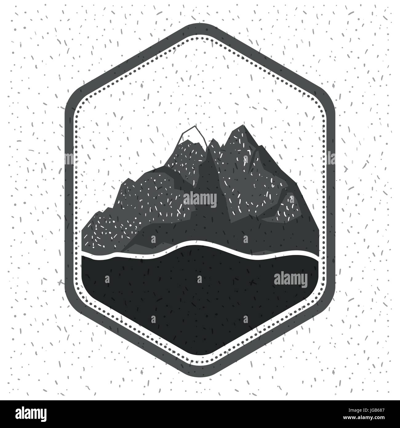 Fond blanc avec éclat de silhouette monochrome emblème avec vue sur la montagne et la rivière Illustration de Vecteur