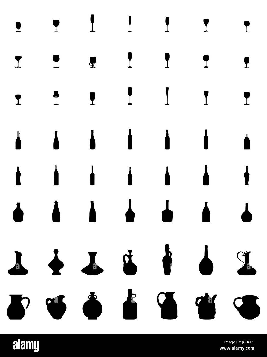 Silhouettes noires de bols, bouteilles et verres, vector Banque D'Images