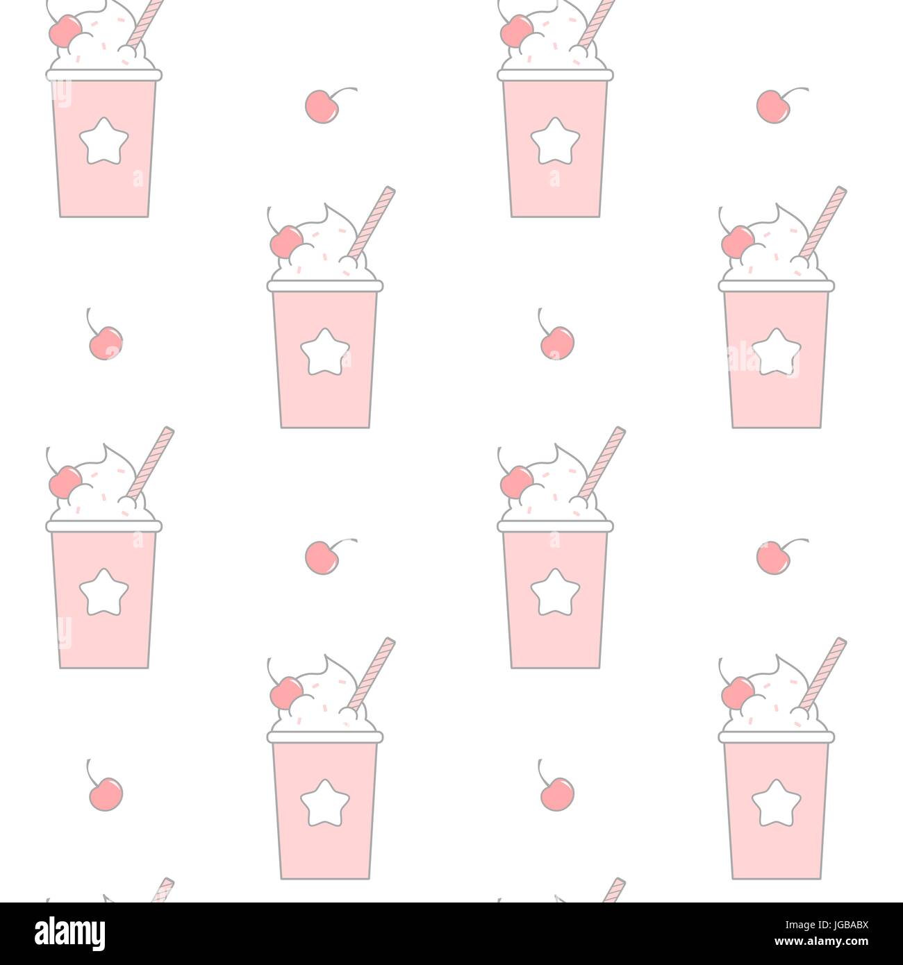Cute cartoon à emporter rose tasse en plastique avec de la crème fouettée et de cerises vecteur illustration de fond transparent Illustration de Vecteur