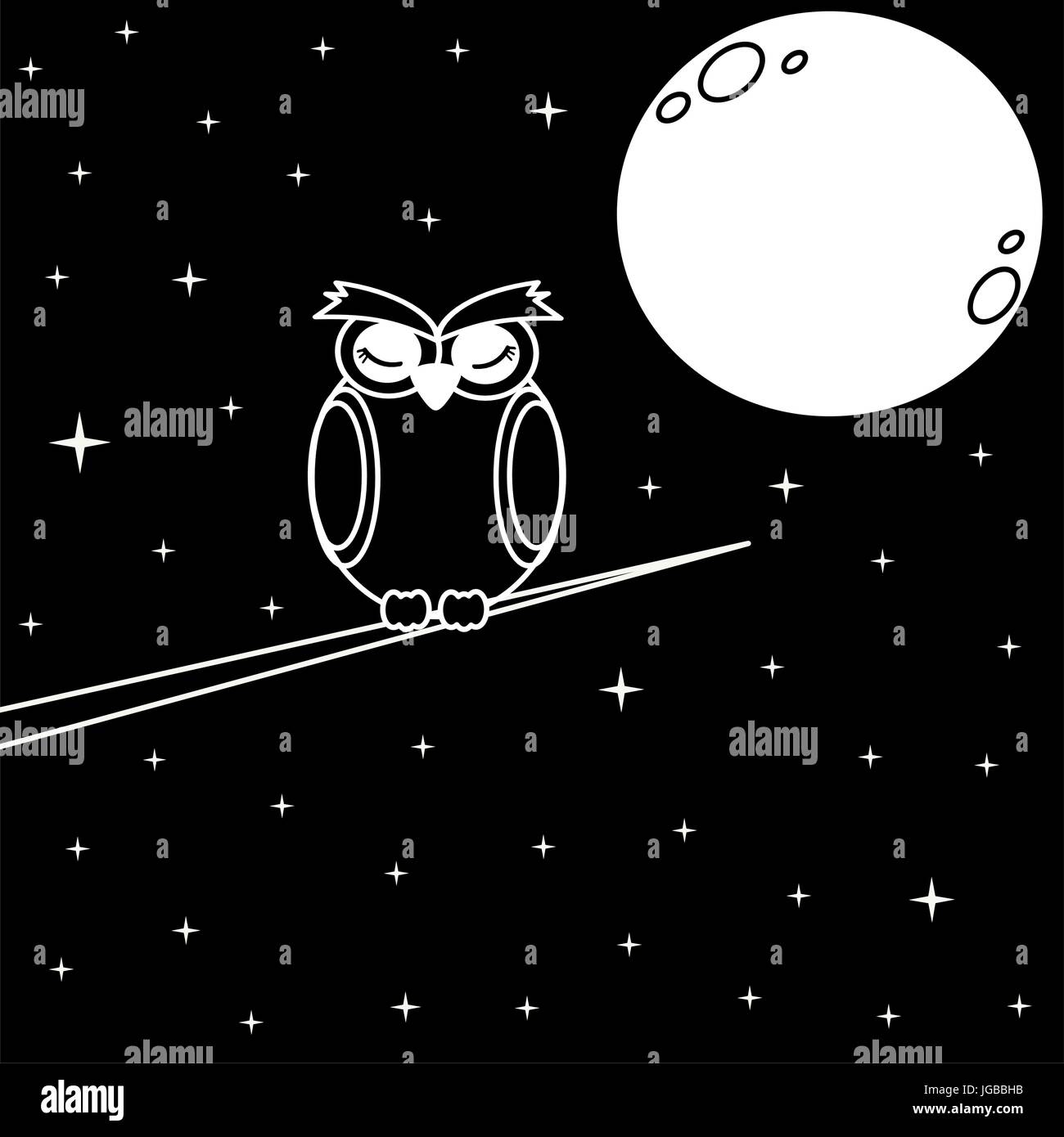 Owl sur branche dans la nuit étoilée vector illustration noir et blanc Illustration de Vecteur