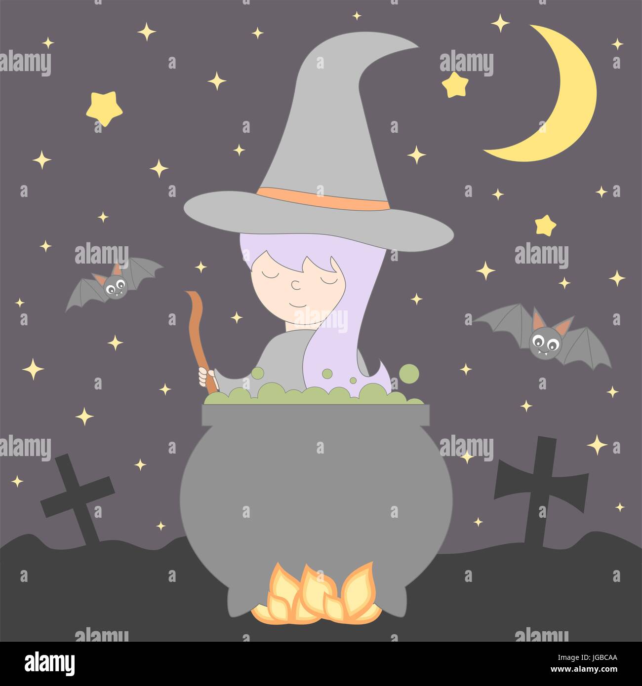 Nice cute cartoon jeunes cuisiniers sorcière une potion dans le chaudron dans la nuit halloween vector illustration Illustration de Vecteur