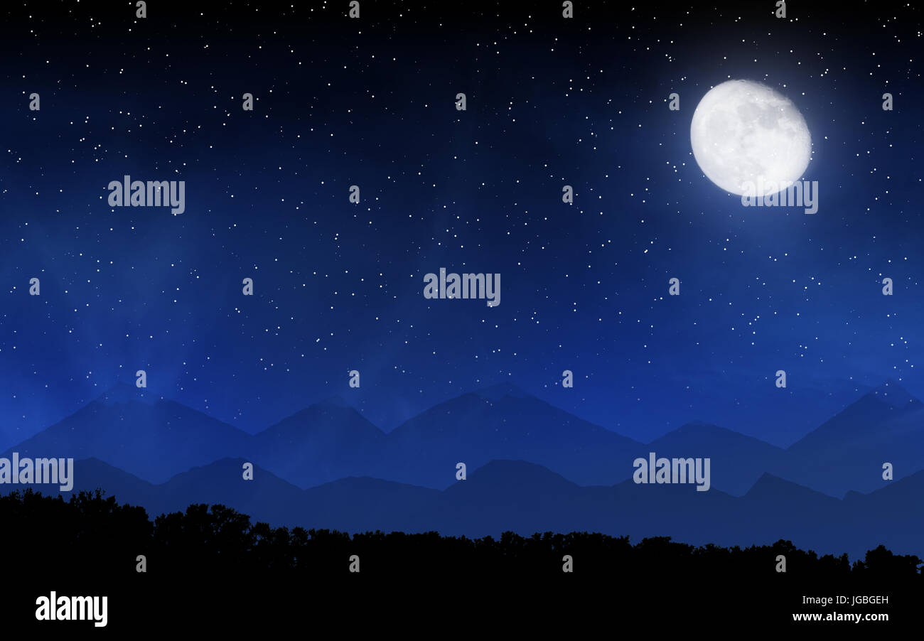 En face de la forêt de montagne et ciel profond avec de nombreuses étoiles et lune background Banque D'Images