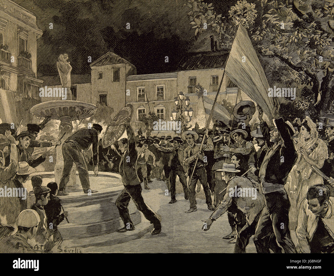 Guerre hispano-américaine, entre l'Espagne et les États-Unis en 1898, en raison de l'intervention américaine dans la guerre d'indépendance cubaine. Manifestations dans la ville de Séville, en Espagne, en face du consulat des Etats-Unis. Gravure,1898. Banque D'Images