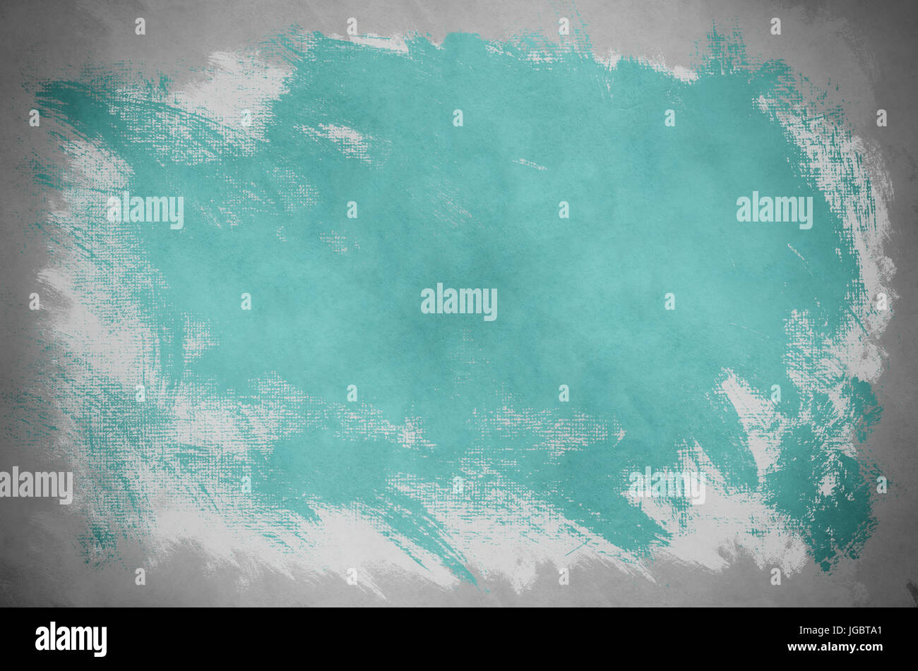 La peinture abstraite sur toile de fond avec les traits de pinceau aléatoire splashy turquoise avec une couche de blanc en dessous et gris en dessous. Banque D'Images