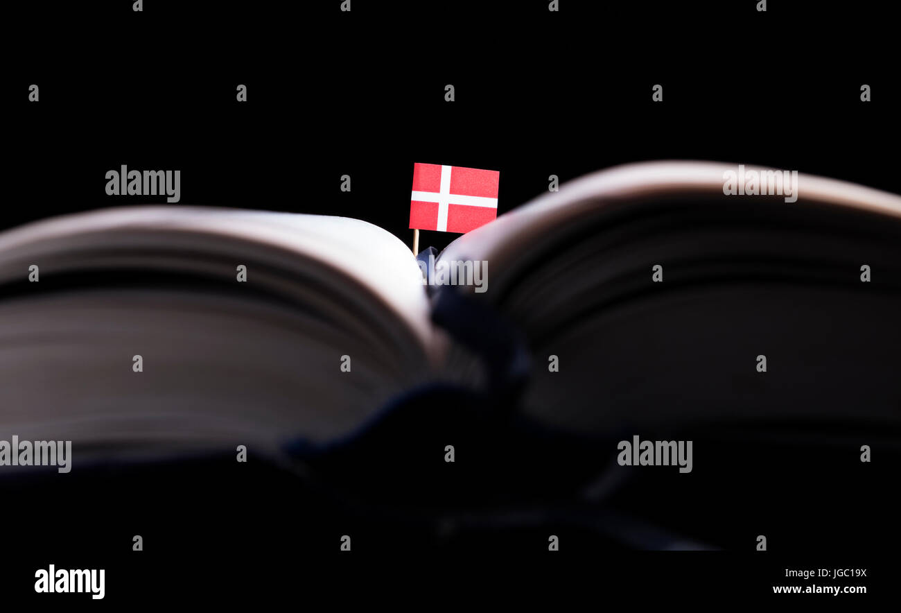 Drapeau danois dans le milieu du livre. Les connaissances et l'éducation concept. Banque D'Images