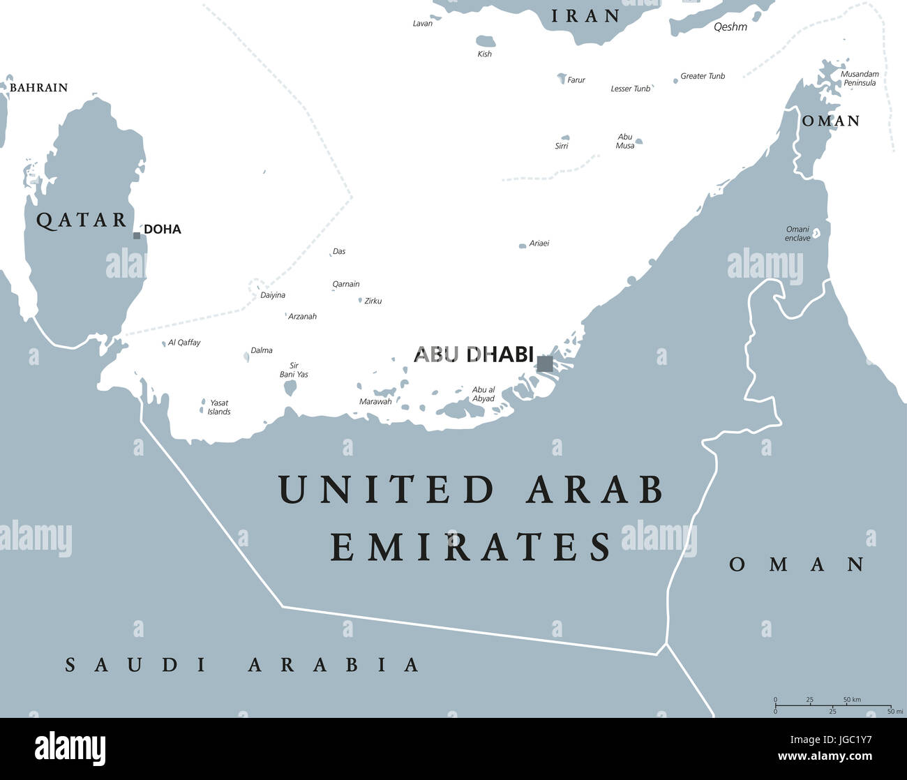 Emirats Arabes Unis carte politique avec capital Abu Dhabi. Émirats arabes unis, unis, une monarchie en Asie de l'Ouest sur la côte est de la péninsule Arabe. Banque D'Images