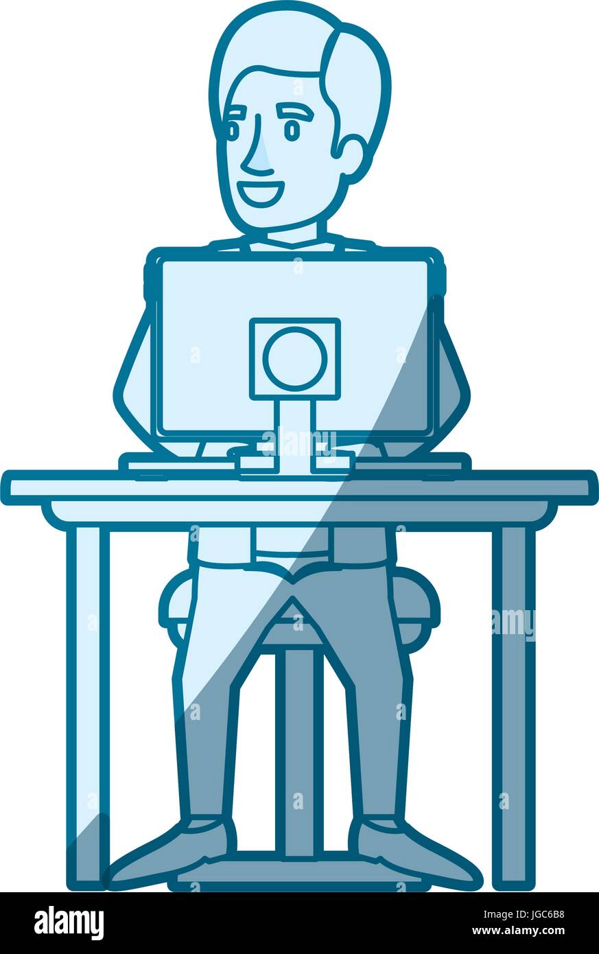 Silhouette d'une ombre de couleur bleu homme avec costume formel et sur le côté et cheveux parted sitting in chair en bureau avec ordinateur Illustration de Vecteur