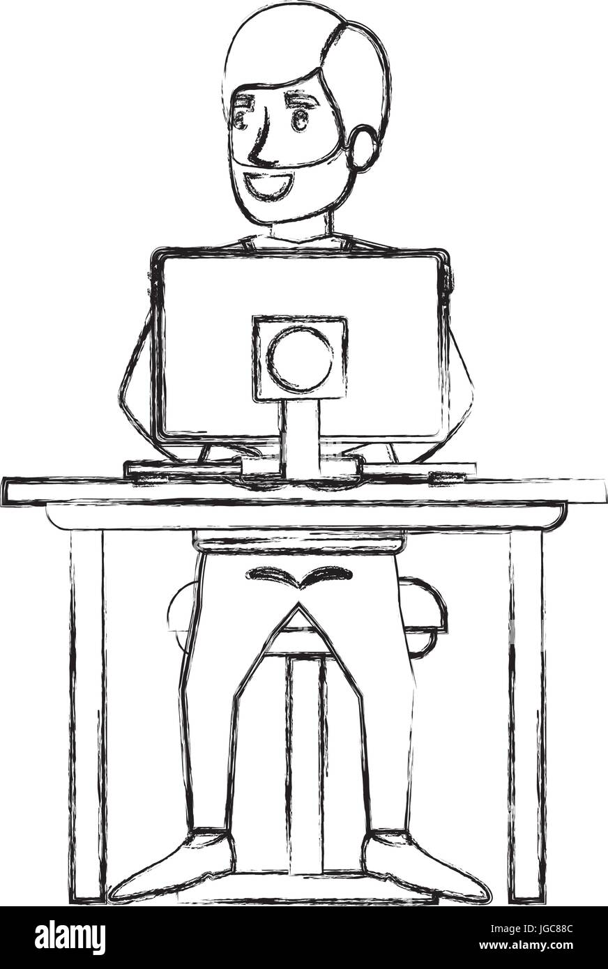 La silhouette floue de l'homme barbu avec costume formel et sur le côté et cheveux parted sitting in chair en bureau avec ordinateur Illustration de Vecteur