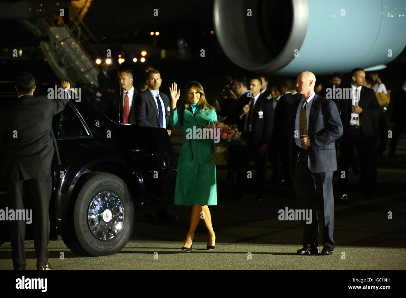 Pologne, Varsovie, 5 juillet 2017 : Le président américain, Donald J. Trump, Première Dame Melania Trump, Ivanka Trump et Jared Kushner arrivent pour une visite officielle en Pologne. L'Air Force One, roulée dans de la 1st Air Base élévatrice à Varsovie. Le président participera le sommet des trois mers avant de partir pour le sommet du G20 en Allemagne. ©Jake Ratz/Alamy Live News Banque D'Images