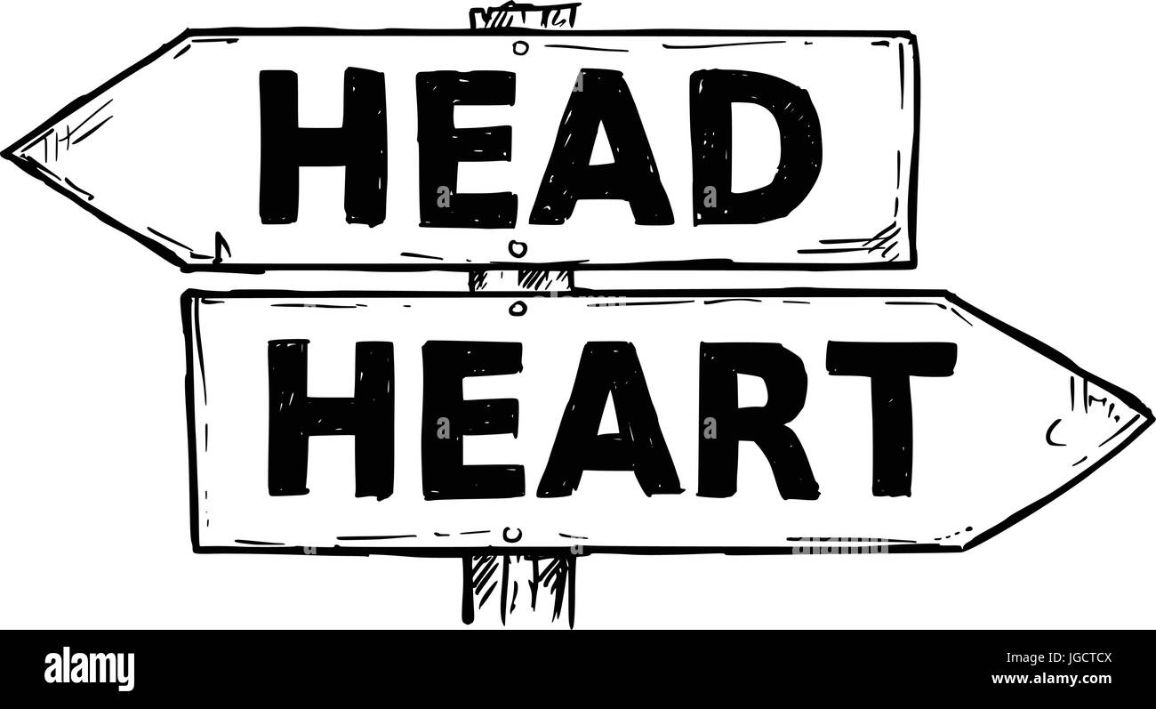 Vector cartoon doodle à la main en bois carrefour direction avec deux flèches pointant vers la gauche et droit à la tête ou du coeur guide de décision Illustration de Vecteur