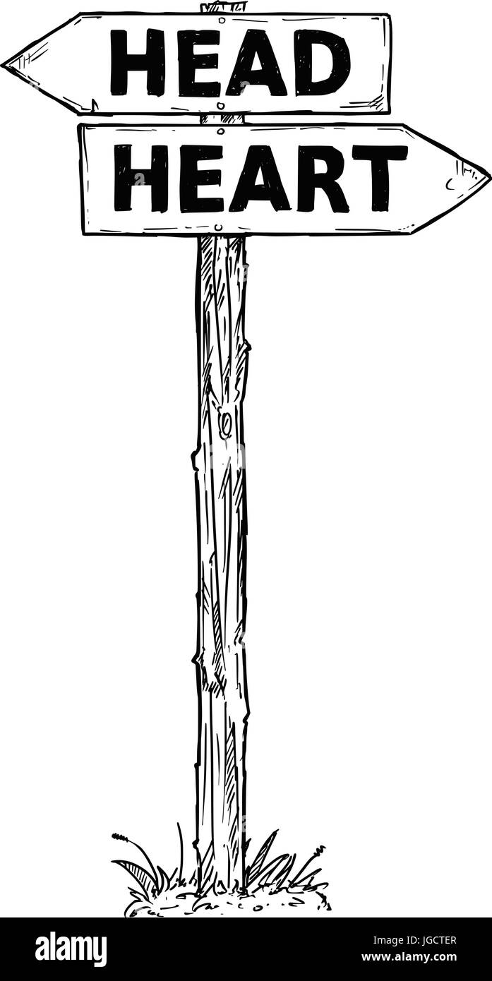 Vector cartoon doodle à la main en bois carrefour direction avec deux flèches pointant vers la gauche et droit à la tête ou du coeur guide de décision Illustration de Vecteur
