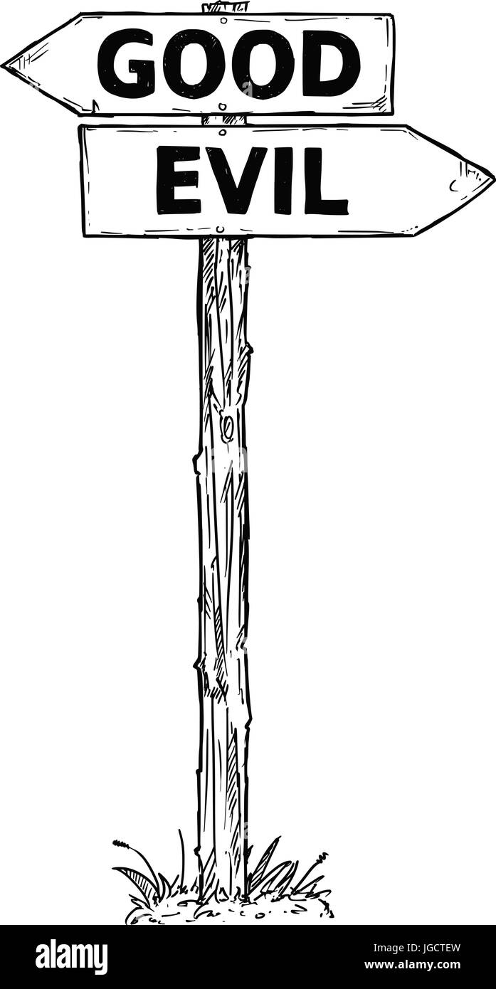 Vector cartoon doodle à la main en bois carrefour direction avec deux flèches pointant vers la gauche et droite comme bon ou mauvais guide de décision Illustration de Vecteur