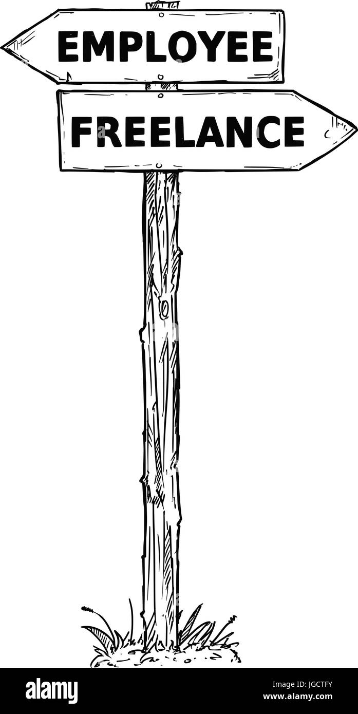 Vector cartoon doodle à la main en bois carrefour direction avec deux flèches pointant vers la gauche et droit en tant que salarié ou indépendant guide de décision Illustration de Vecteur