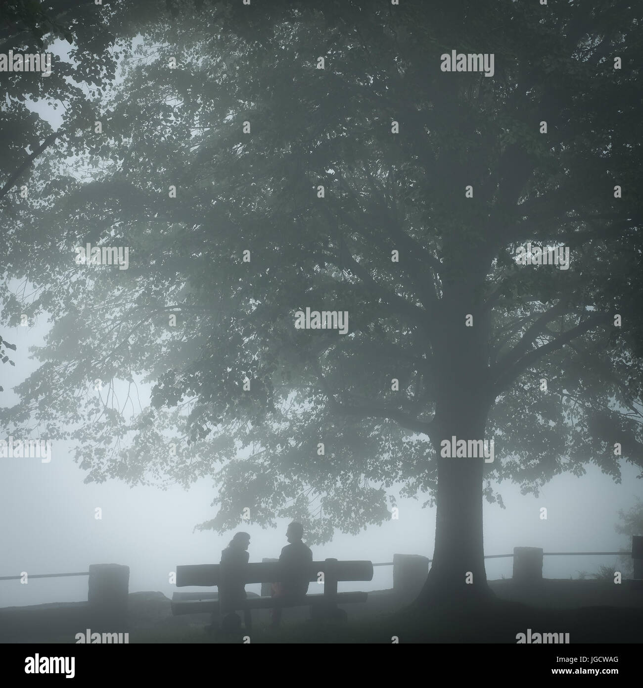 Couple assis sur un banc de brouillard, Beaulieu-sur-Dordogne, France Banque D'Images