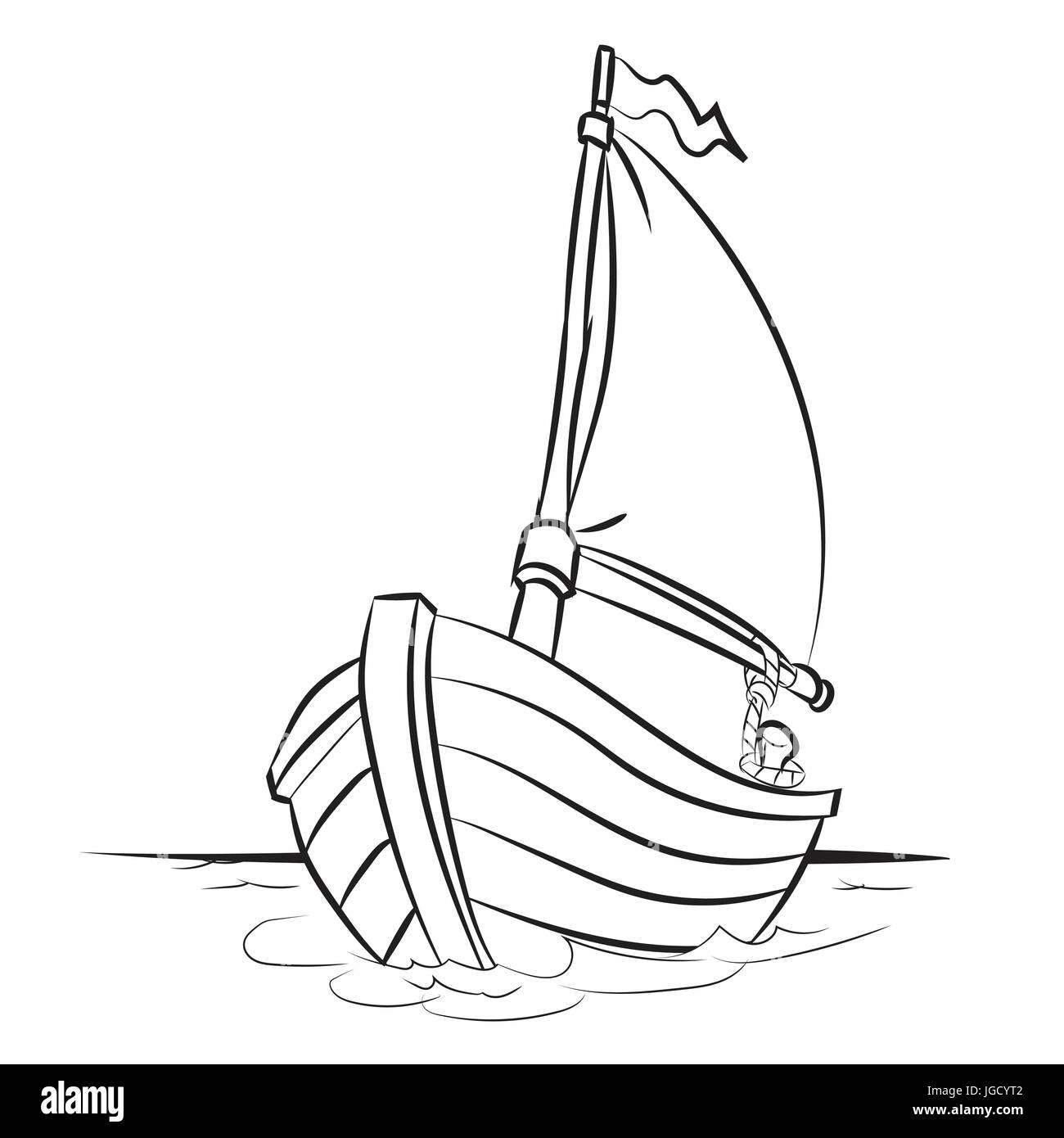 Croquis dessinés à la main, de l'isolé, Bateau Noir et Blanc Cartoon Vector Illustration pour livre de coloriage - Ligne dessinée Vector Illustration de Vecteur
