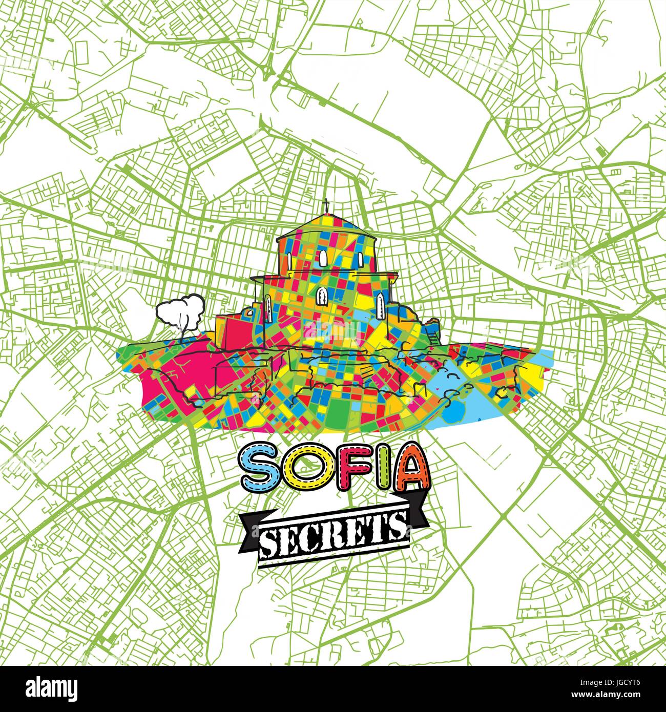 Voyage Sofia Art Secrets Site pour la cartographie des experts et des guides de voyage. Le logo de la ville à la main, typo de badge et dessinés à la main sur le dessus de l'image vectorielle sont regroupés et Illustration de Vecteur