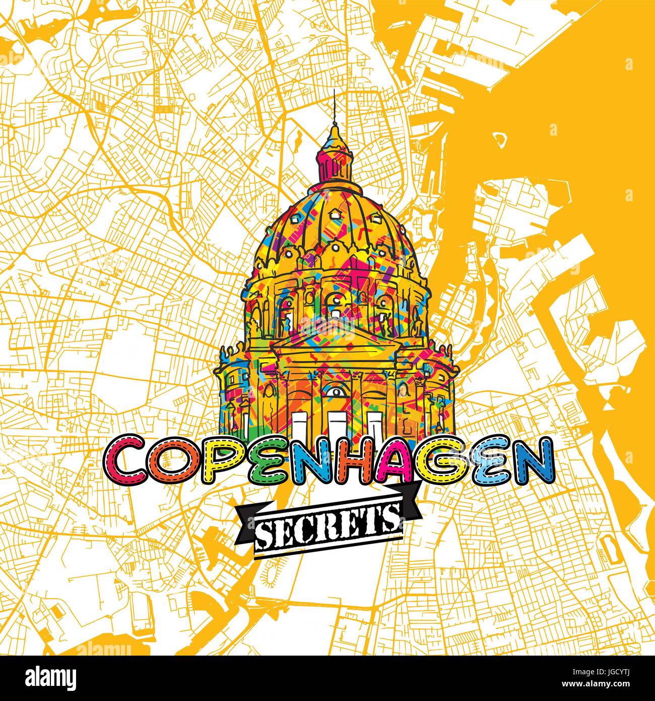 Voyage Copenhague Carte Art Secrets pour la cartographie des experts et des guides de voyage. Le logo de la ville à la main, typo de badge et dessinés à la main sur le dessus de l'image vectorielle sont regroupés Illustration de Vecteur
