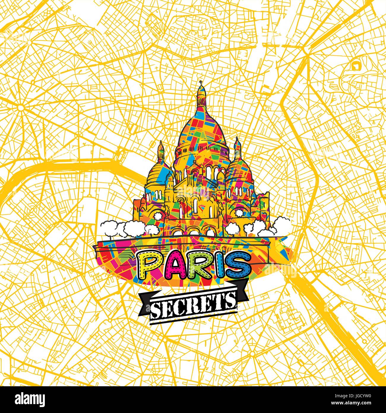 Paris Travel Map Art Secrets pour la cartographie des experts et des guides de voyage. Le logo de la ville à la main, typo de badge et dessinés à la main sur le dessus de l'image vectorielle sont regroupés et Illustration de Vecteur