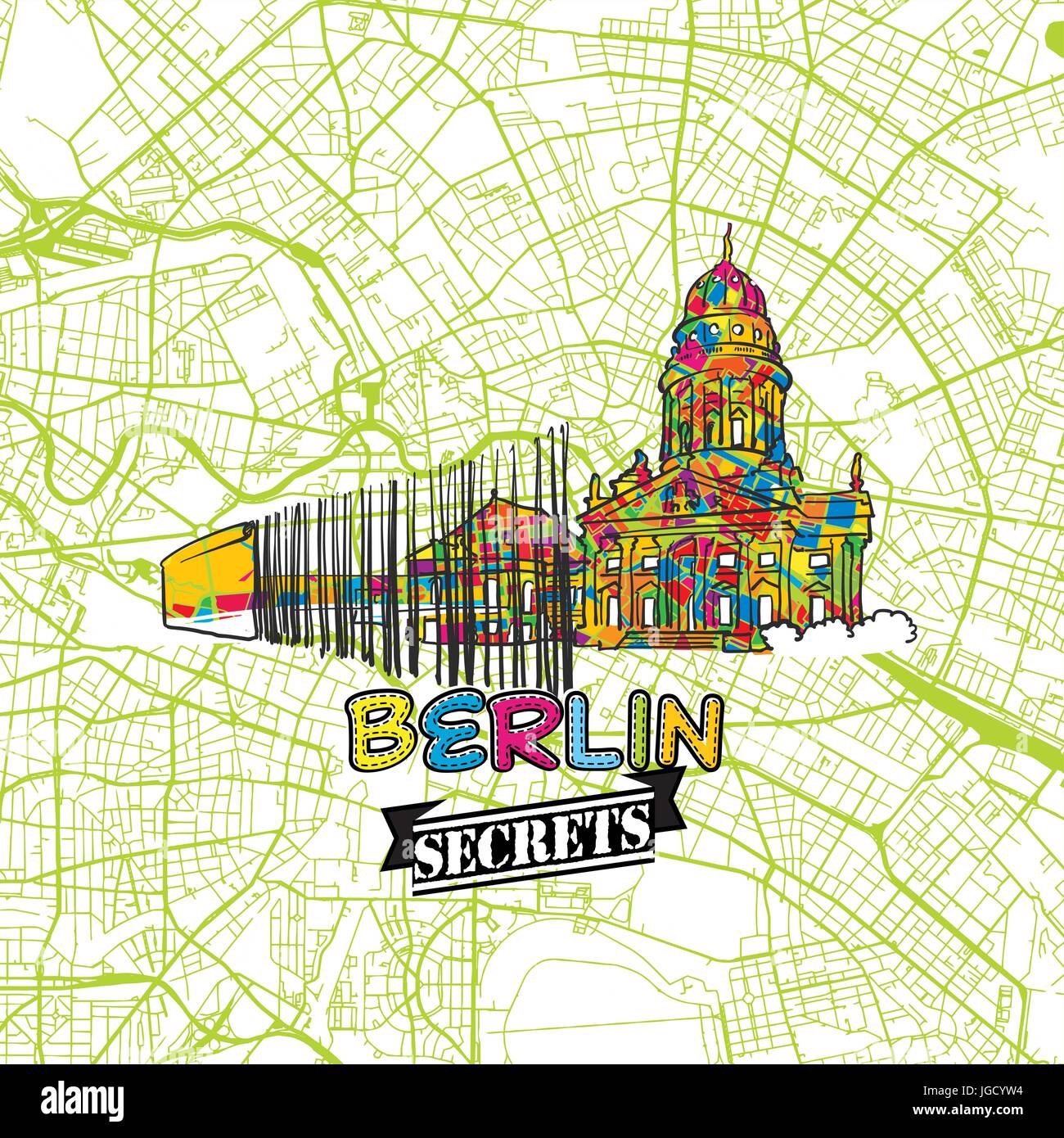 Voyage Berlin Art Secrets Site pour la cartographie des experts et des guides de voyage. Le logo de la ville à la main, typo de badge et dessinés à la main sur le dessus de l'image vectorielle sont regroupés et Illustration de Vecteur