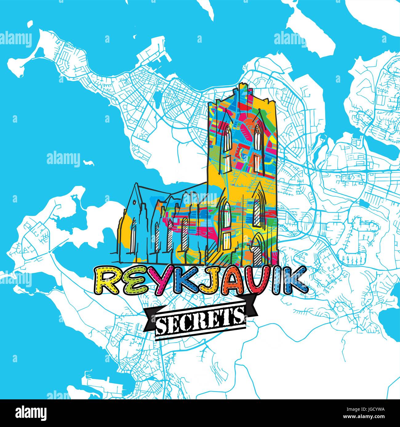 Voyage Reykjavik Art Secrets Site pour la cartographie des experts et des guides de voyage. Le logo de la ville à la main, typo de badge et dessinés à la main sur le dessus de l'image vectorielle sont regroupés Illustration de Vecteur