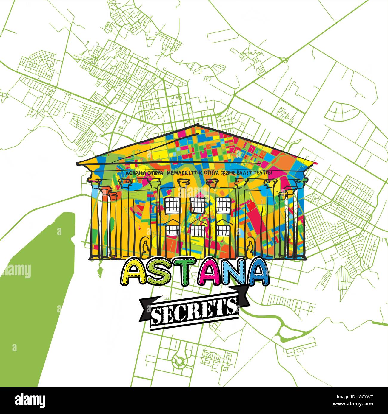 Billet d'Astana de l'Art Secrets Site pour la cartographie des experts et des guides de voyage. Le logo de la ville à la main, typo de badge et dessinés à la main sur le dessus de l'image vectorielle sont regroupés et Illustration de Vecteur