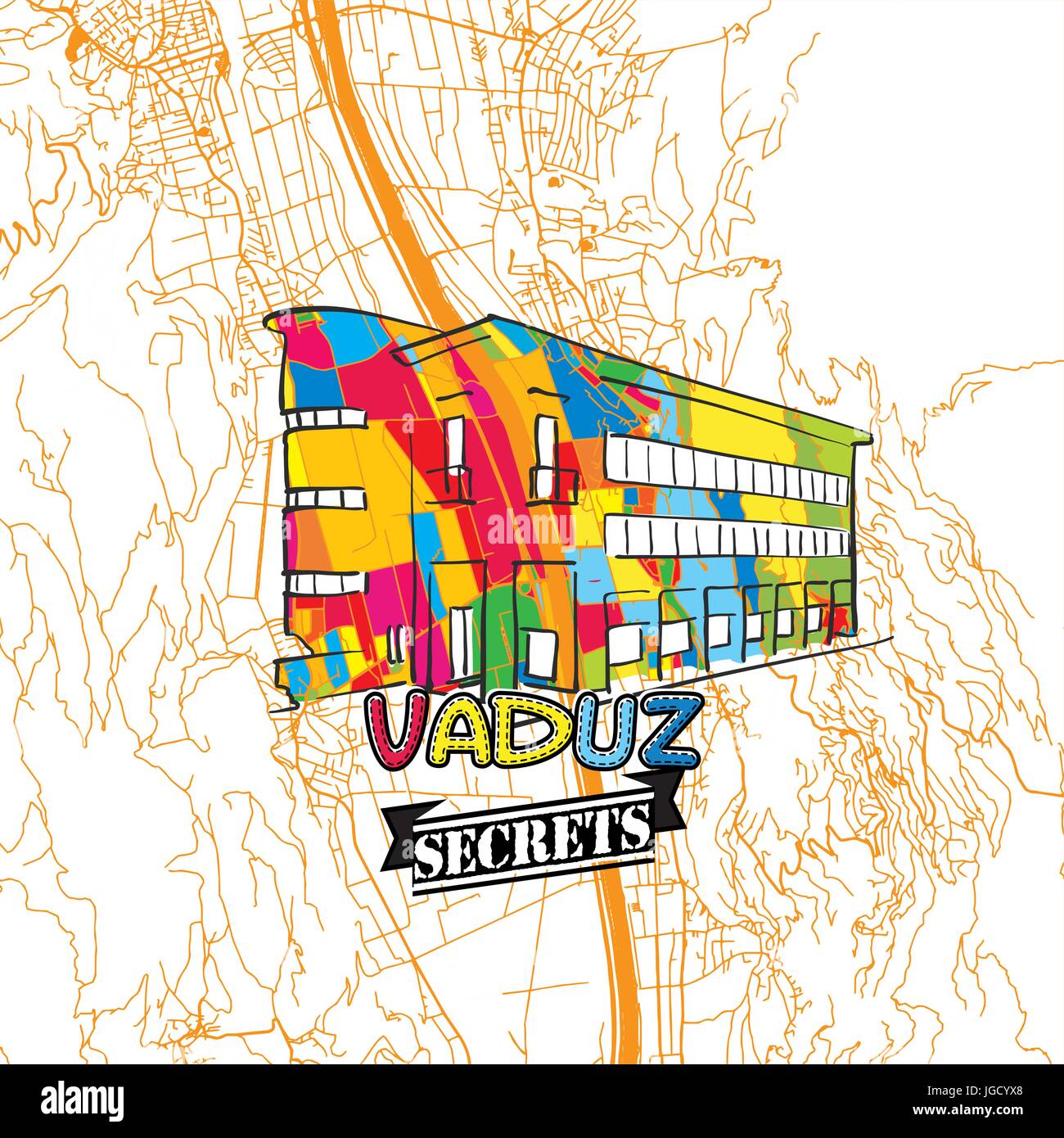 Voyage Vaduz Art Secrets Site pour la cartographie des experts et des guides de voyage. Le logo de la ville à la main, typo de badge et dessinés à la main sur le dessus de l'image vectorielle sont regroupés et Illustration de Vecteur
