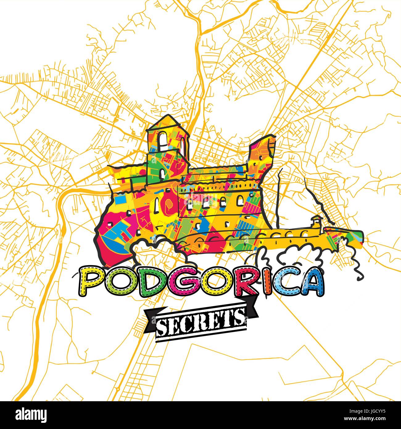 Carte de l'Art Secrets Voyage Podgorica pour la cartographie des experts et des guides de voyage. Le logo de la ville à la main, typo de badge et dessinés à la main sur le dessus de l'image vectorielle sont regroupés Illustration de Vecteur