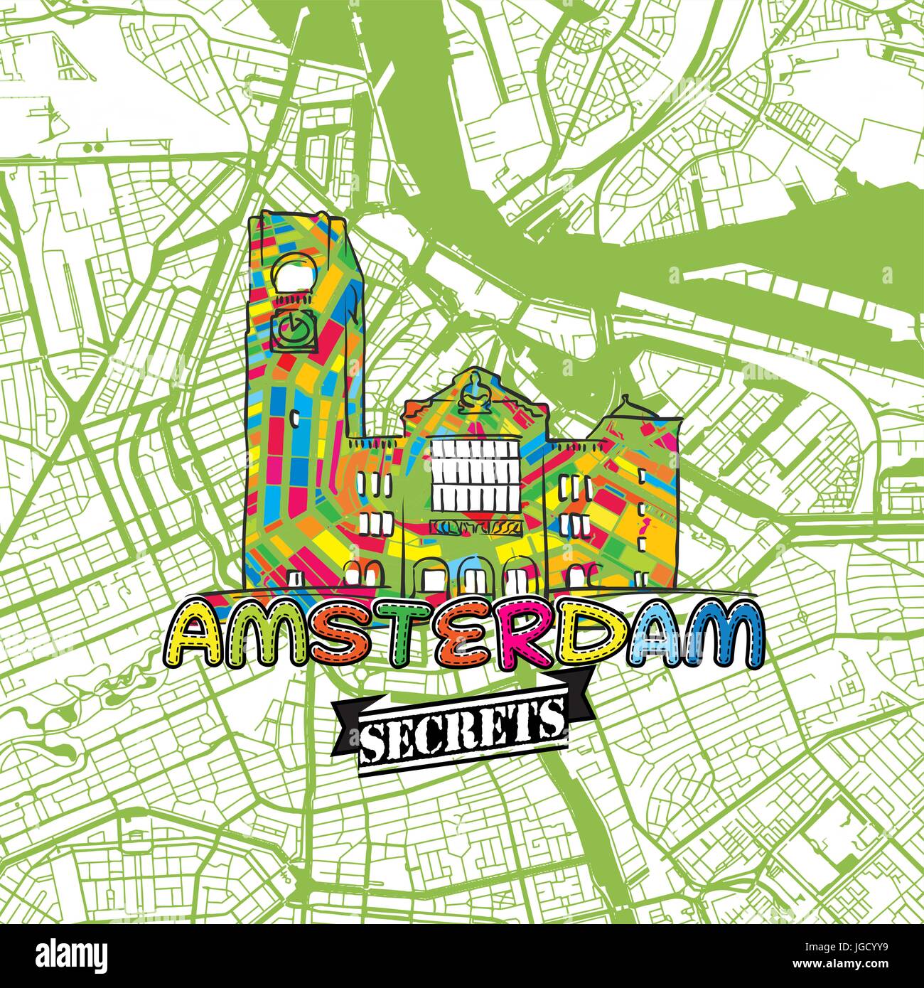 Billet d'Amsterdam Art Secrets Site pour la cartographie des experts et des guides de voyage. Le logo de la ville à la main, typo de badge et dessinés à la main sur le dessus de l'image vectorielle sont regroupés Illustration de Vecteur
