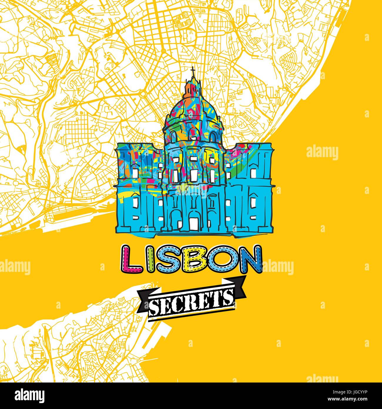 Secrets de voyage Lisbonne Carte Art pour la cartographie des experts et des guides de voyage. Le logo de la ville à la main, typo de badge et dessinés à la main sur le dessus de l'image vectorielle sont regroupés et Illustration de Vecteur