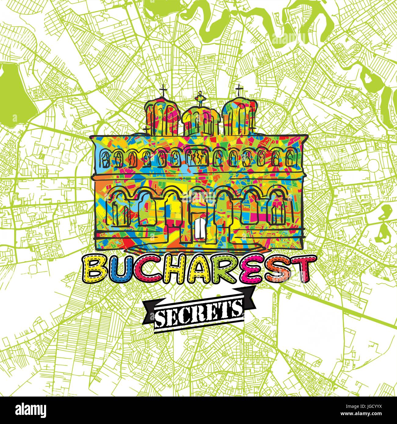 Voyage Bucarest carte Art Secrets pour la cartographie des experts et des guides de voyage. Le logo de la ville à la main, typo de badge et dessinés à la main sur le dessus de l'image vectorielle sont regroupés Illustration de Vecteur
