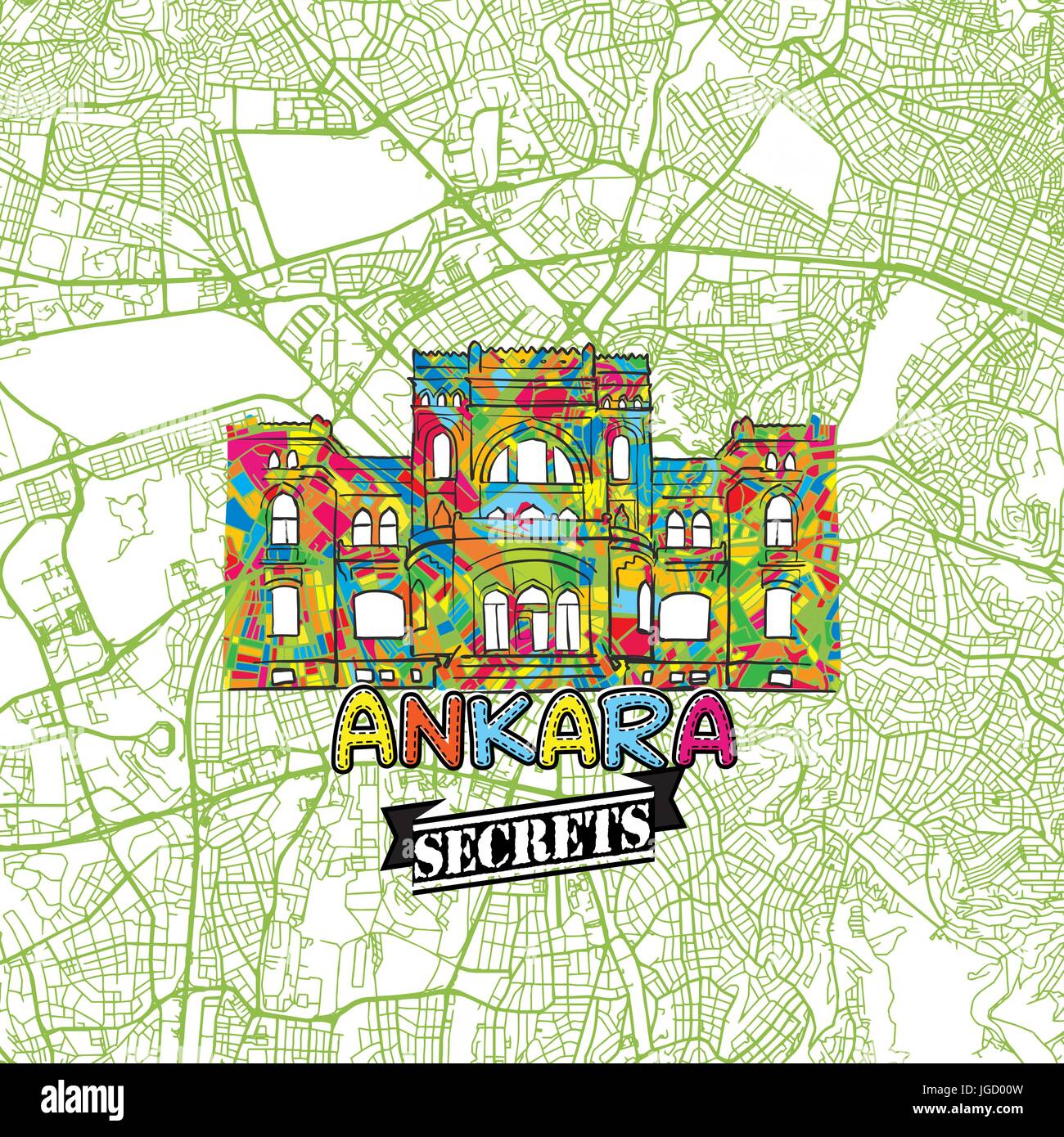 Billet d'Ankara Carte Art Secrets pour la cartographie des experts et des guides de voyage. Le logo de la ville à la main, typo de badge et dessinés à la main sur le dessus de l'image vectorielle sont regroupés et Illustration de Vecteur