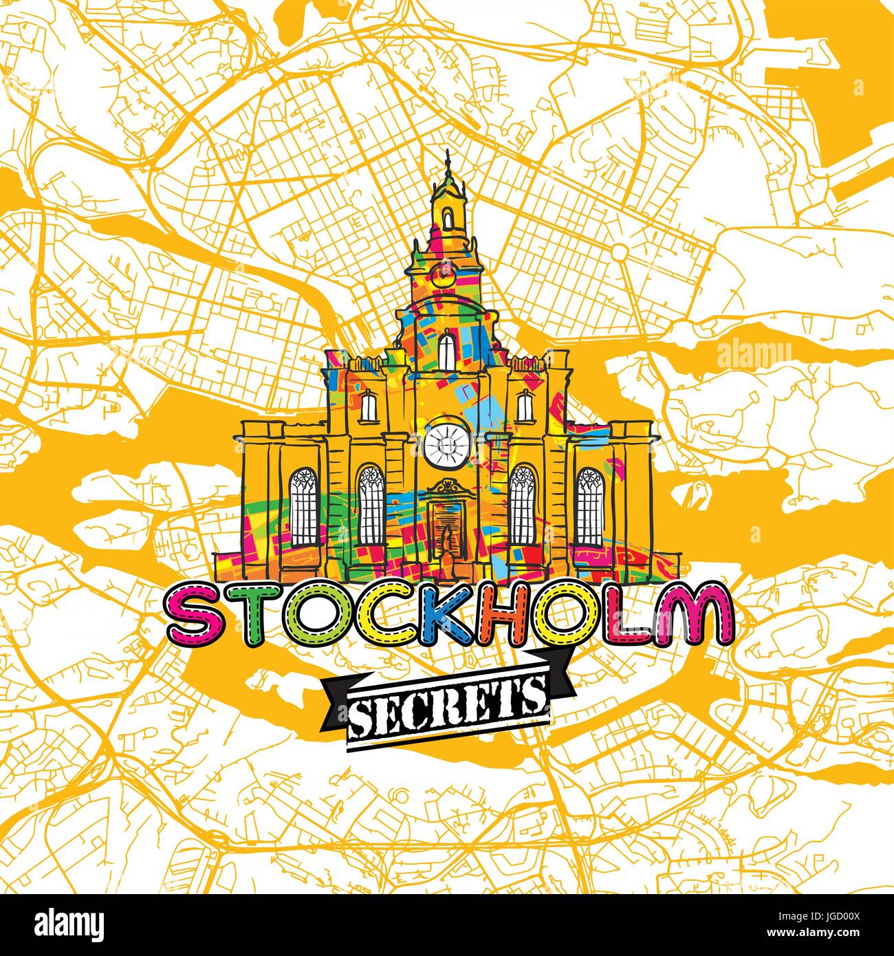 Voyage Stockholm Art Secrets Site pour la cartographie des experts et des guides de voyage. Le logo de la ville à la main, typo de badge et dessinés à la main sur le dessus de l'image vectorielle sont regroupés Illustration de Vecteur