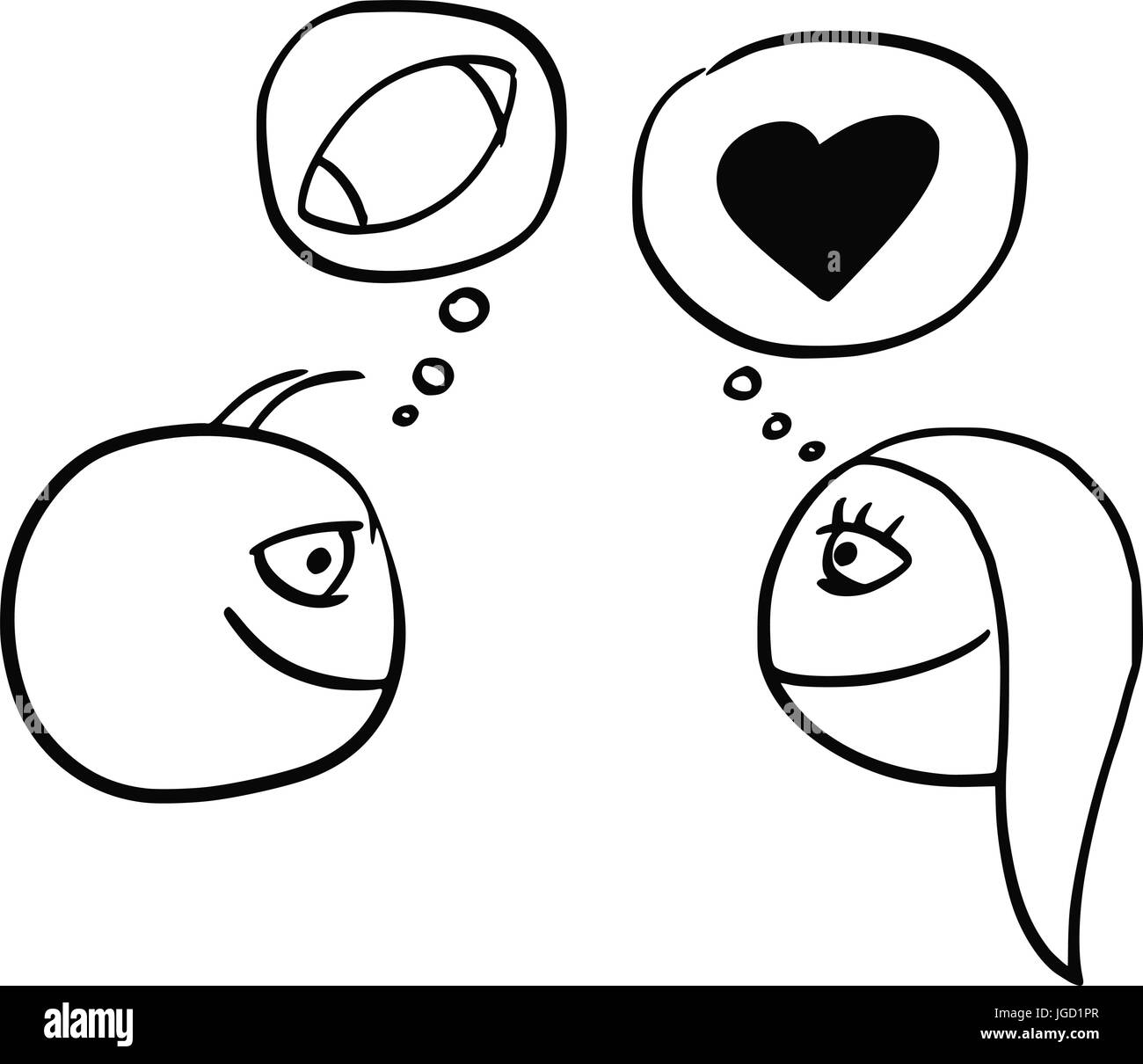 Cartoon Vector De La Difference Entre L Homme Et La Femme Pense A Football Rugby Ball Et Le Symbole Du Coeur De L Amour Et Des Relations Image Vectorielle Stock Alamy