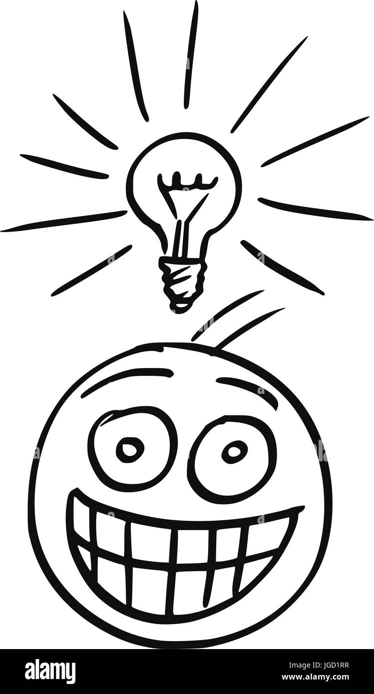 Cartoon vector de l'homme avec la lampe qui brille au-dessus de sa tête et avec beaucoup de sourire heureux. L'homme juste obtenu une grande idée. Illustration de Vecteur