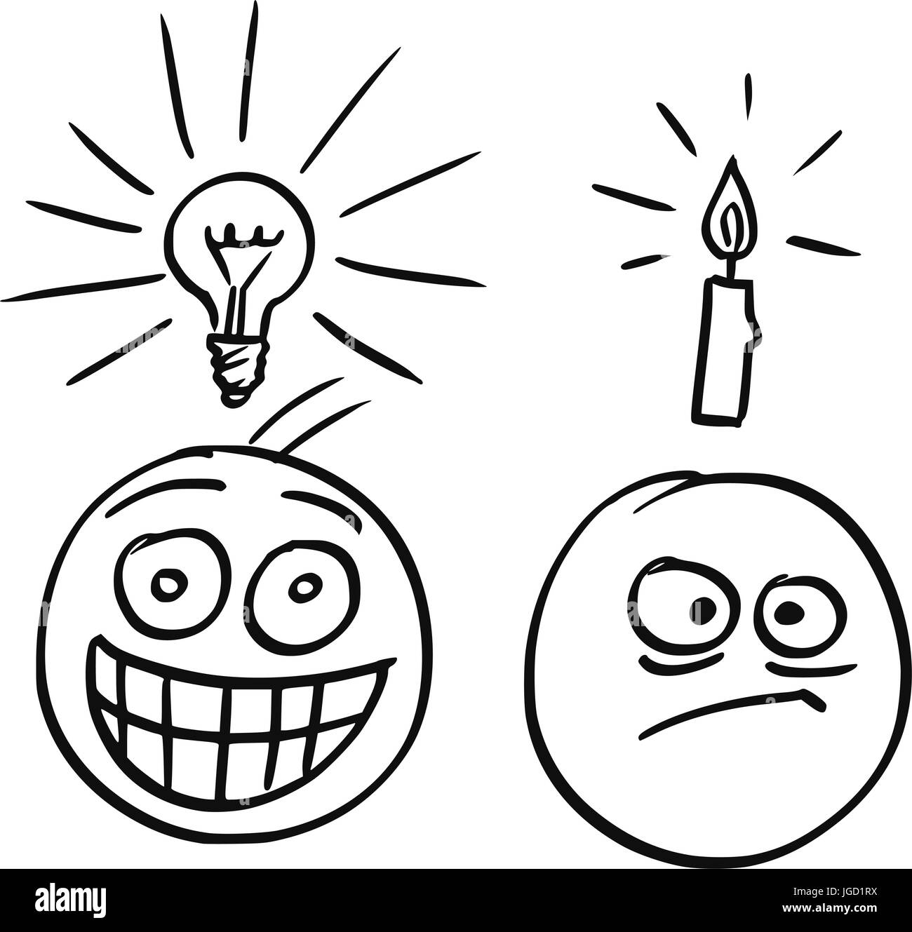 Cartoon vector de l'homme avec la lampe qui brille au-dessus de sa tête et avec beaucoup de sourire heureux. L'homme juste obtenu une grande idée. Deuxième homme avec une bougie au-dessus de sa hea Illustration de Vecteur