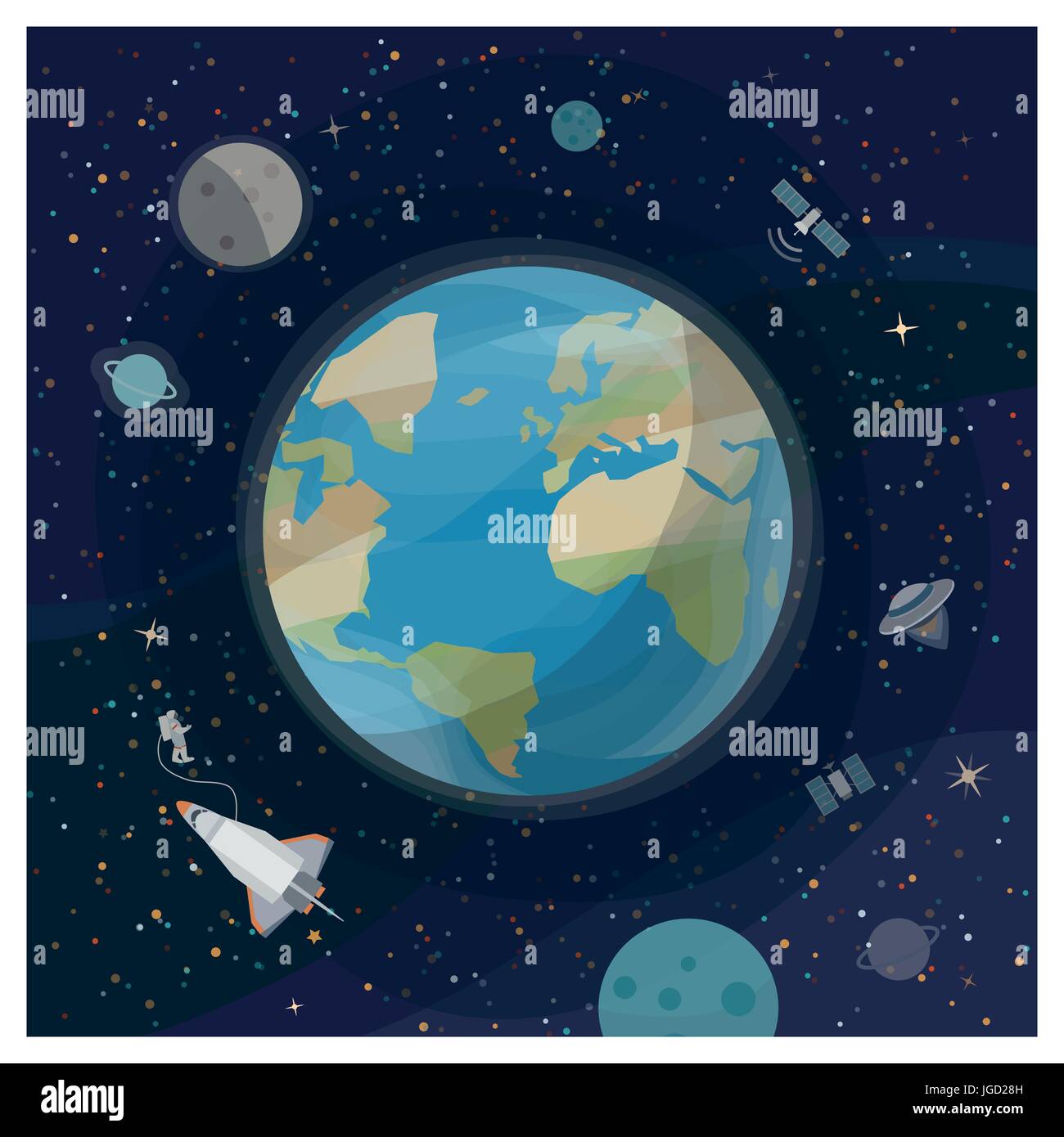 Vue de la terre vue de l'espace avec les satellites, astronaute, vaisseaux spatiaux et les galaxies Illustration de Vecteur
