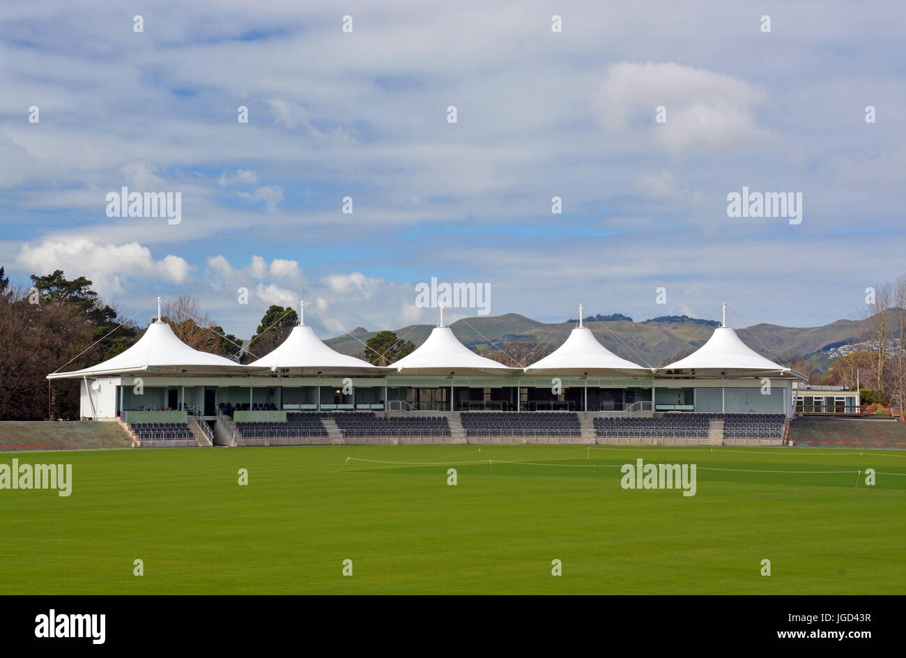 Nouveau Pavillon Cricket ovale Hagley a ouvert ses portes à Hagley Park 3 mois avant la Coupe du Monde de Cricket 2015 commence à Christchurch. Banque D'Images