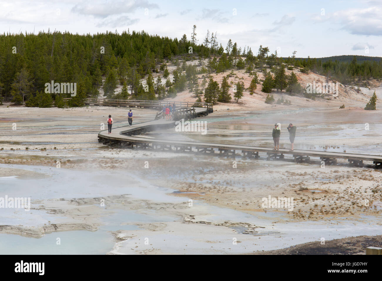 Les gens à prendre des photos de la promenade au sentier du bassin en porcelaine, Norris Geyser Basin, Parc National de Yellowstone Banque D'Images