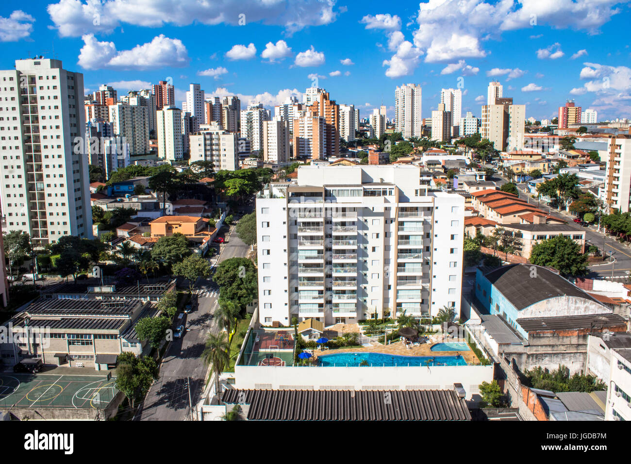 Vista aérea de Vila Santa Catarina mostrando o traçado planejado das ruas e a arborização do bairro