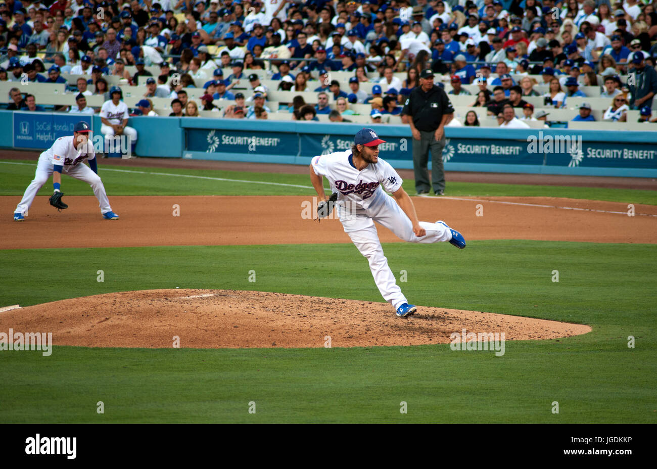 Pichet Dodger Clayton Kershaw au Dodger Stadium Banque D'Images