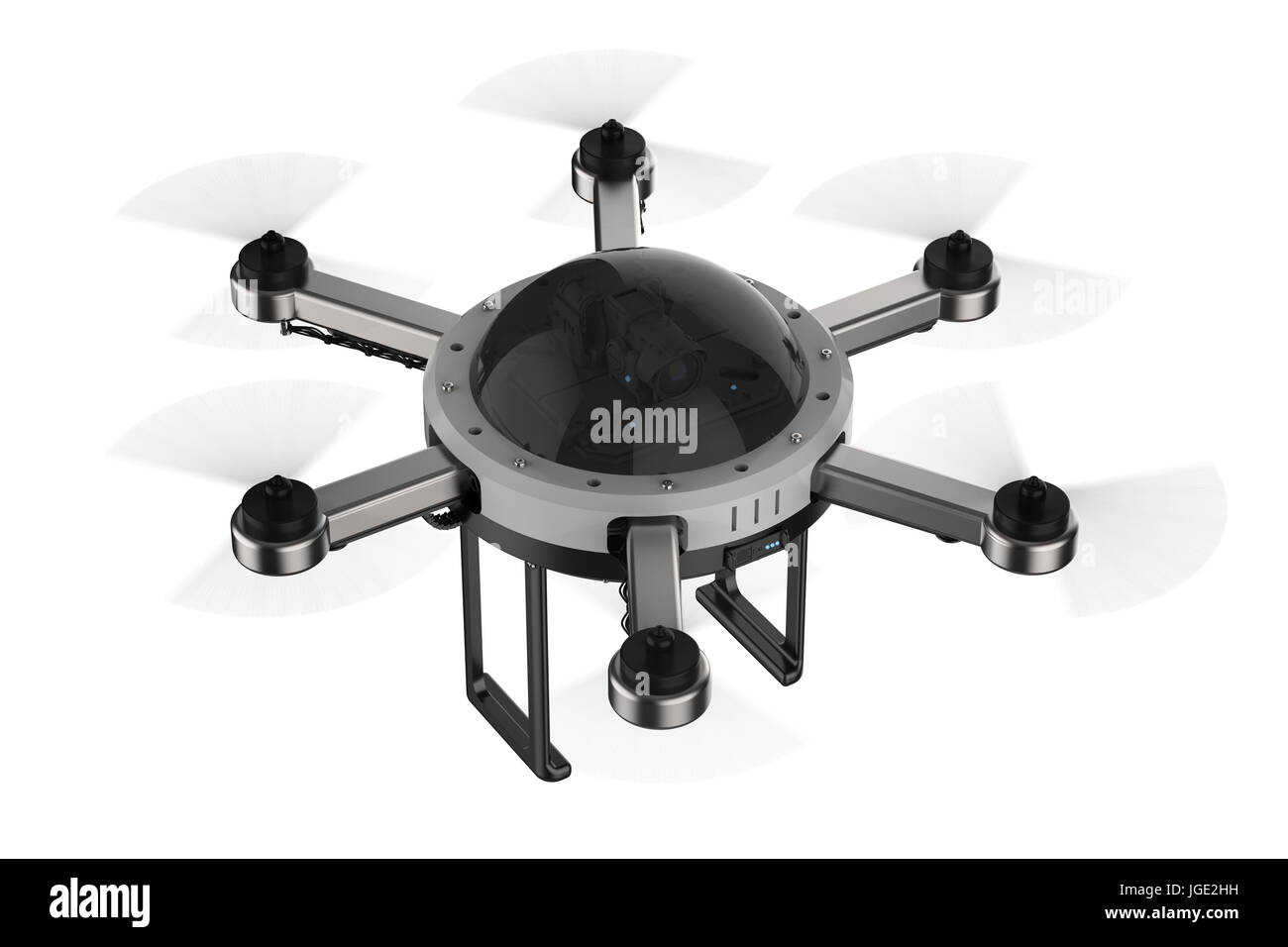 Drone rendu 3d appareil photo avec six lames spinning isolated on white Banque D'Images