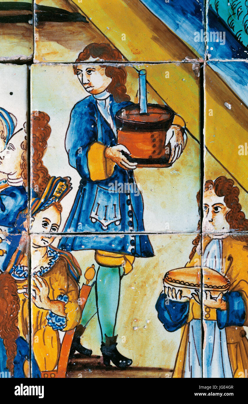 Azulejo. Carrelage catalan polychrome. 17e siècle. Le chocolat. Desing Musée de Barcelone, Espagne. Banque D'Images
