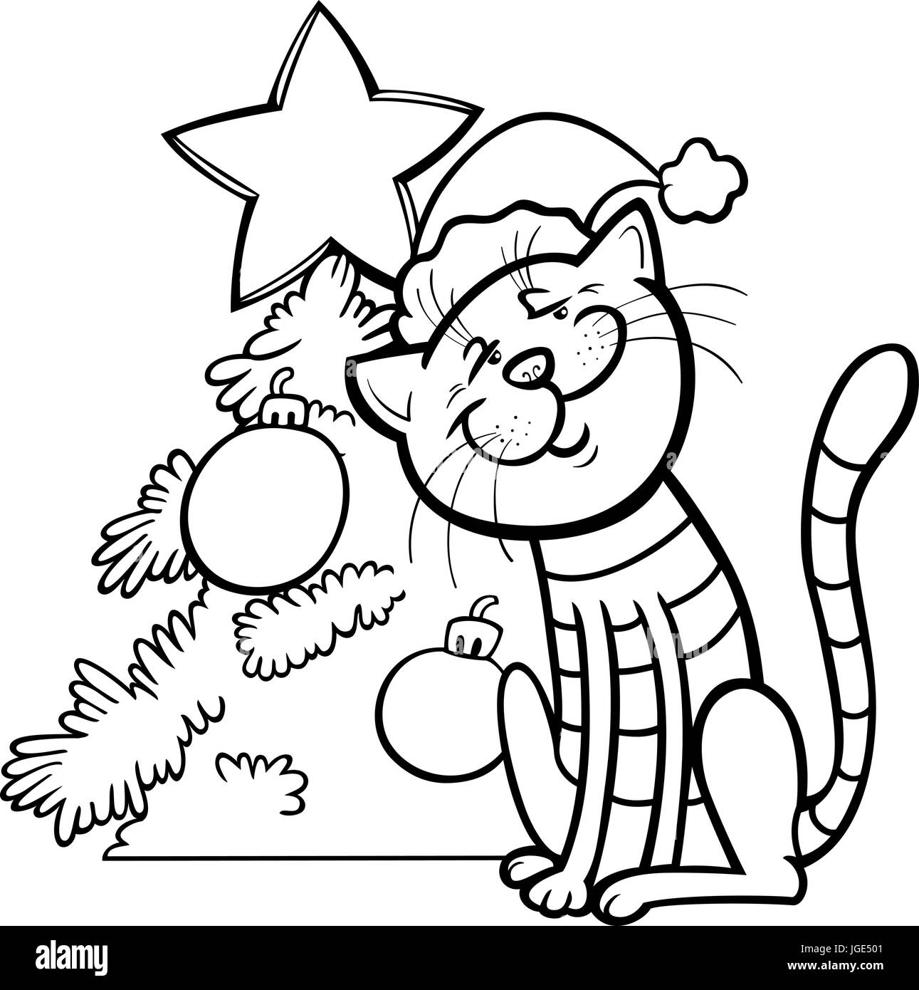 Cartoon noir et blanc illustration du caractère animal chat avec arbre de Noël jeu de coloriage Illustration de Vecteur