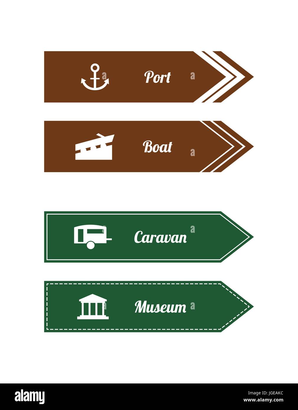 Sites touristiques, des panneaux de direction spécial avec icônes blanches Illustration de Vecteur