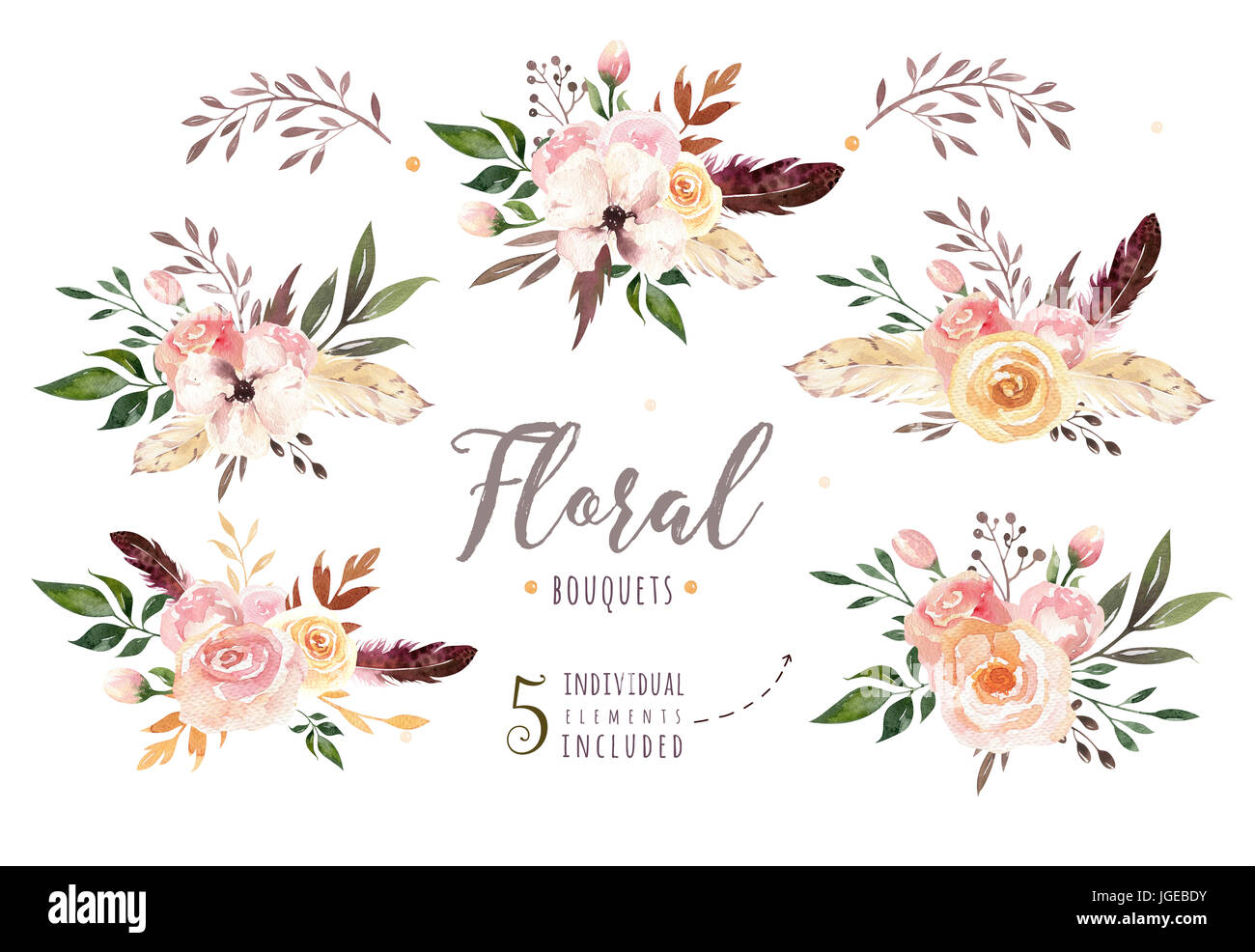 Dessin Aquarelle Illustration Floral Boho Isolés De Feuilles