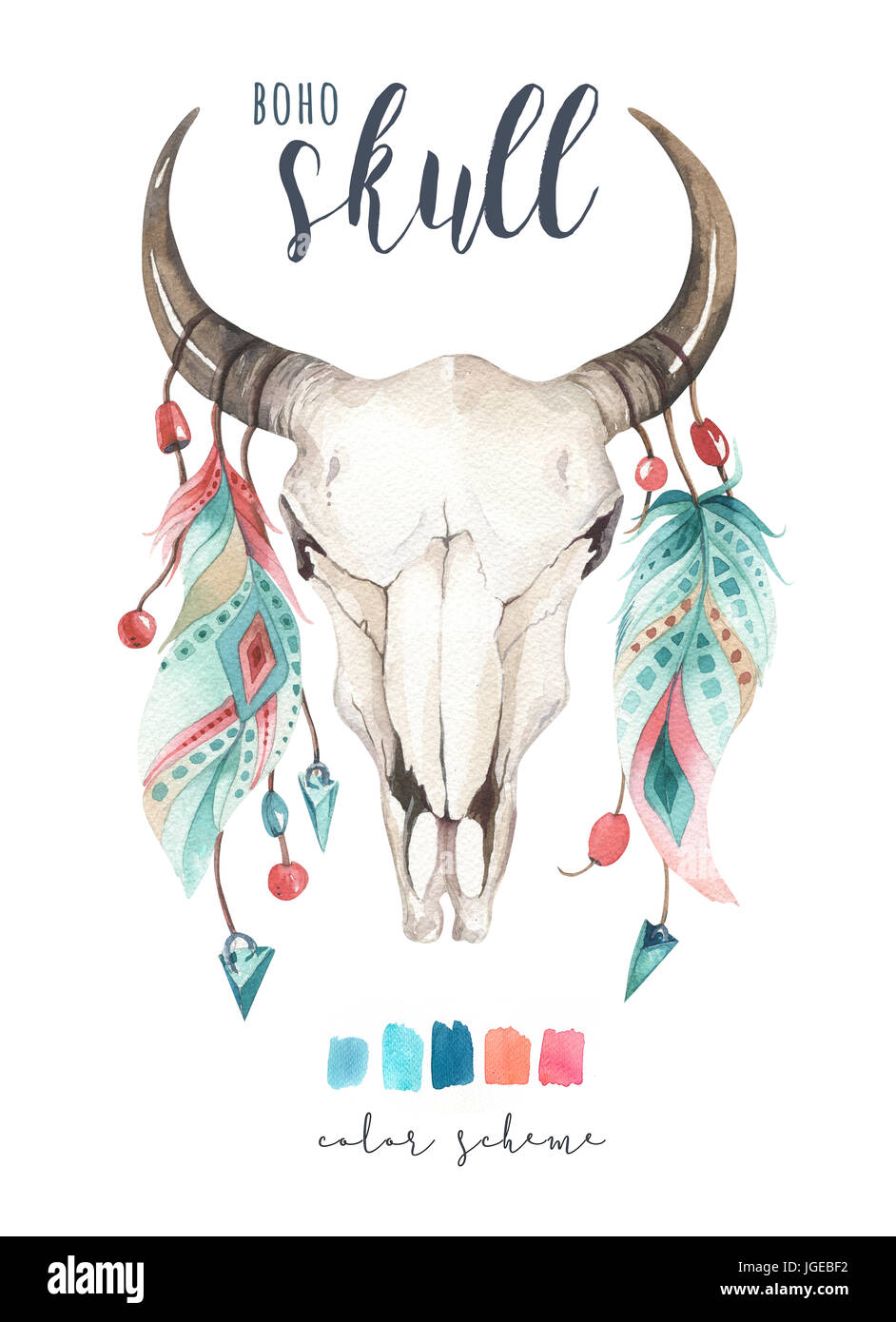 Crâne de vache bohème aquarelle et plume. Les mammifères de l'Ouest. Hipster Boho boho cerf imprimer décoration bois. des fleurs, des plumes. Banque D'Images