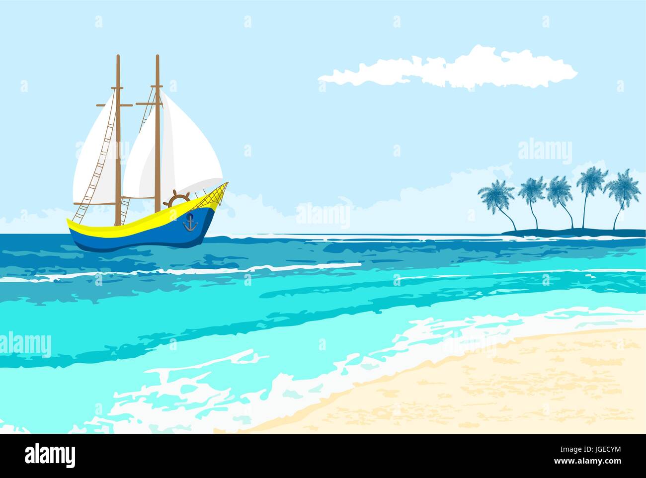 L'été sur la mer avec cartoon voilier et palms island. Fond de mer pour flyer, banderole, carte de vœux et invitation Illustration de Vecteur