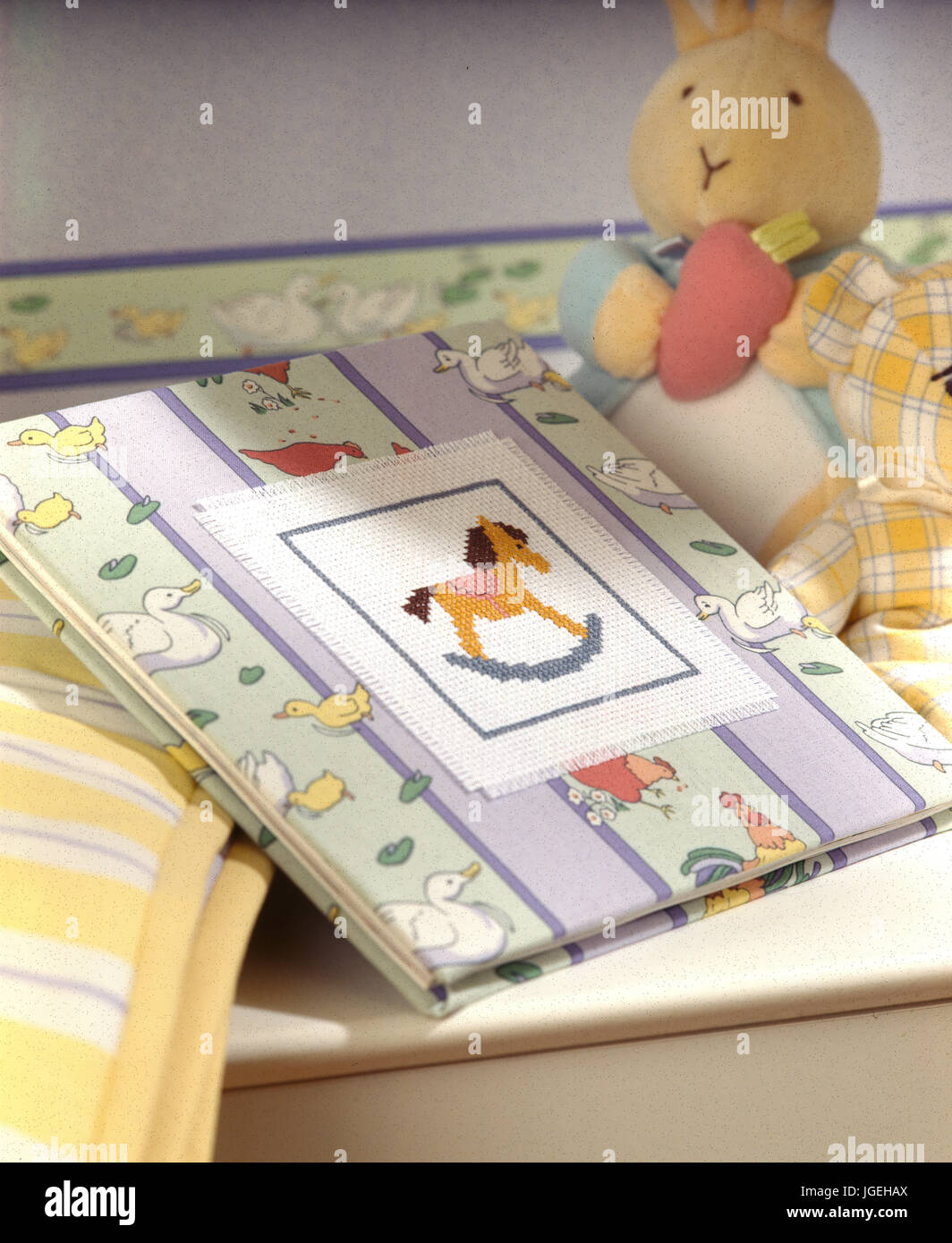 Close-up of a child's book avec un panneau de point de croix sur le couvercle Banque D'Images